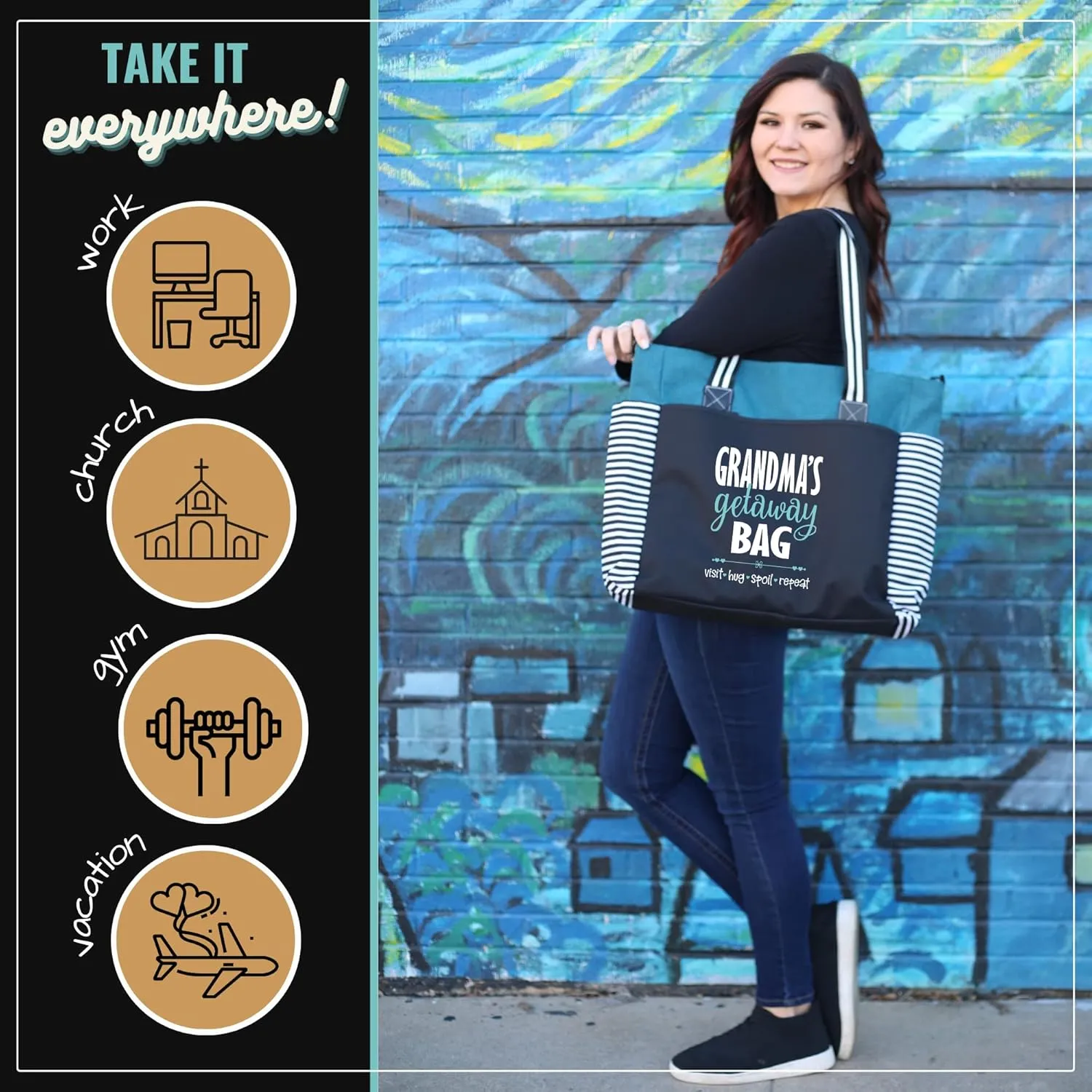 Brooke & Jess Designs Tote Bag for Grandma  Sturdy Canvas Grandma Tote w/Zipper & Inner Pocket Grandma Bag for Everyday Use
