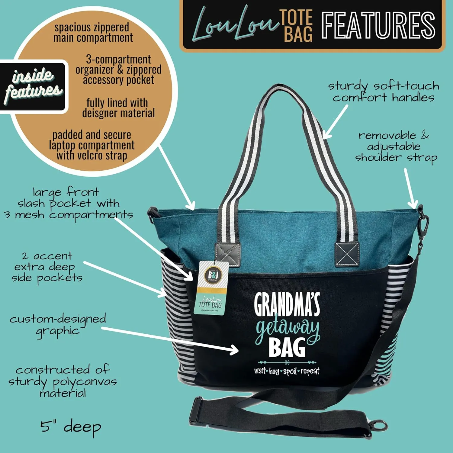 Brooke & Jess Designs Tote Bag for Grandma  Sturdy Canvas Grandma Tote w/Zipper & Inner Pocket Grandma Bag for Everyday Use