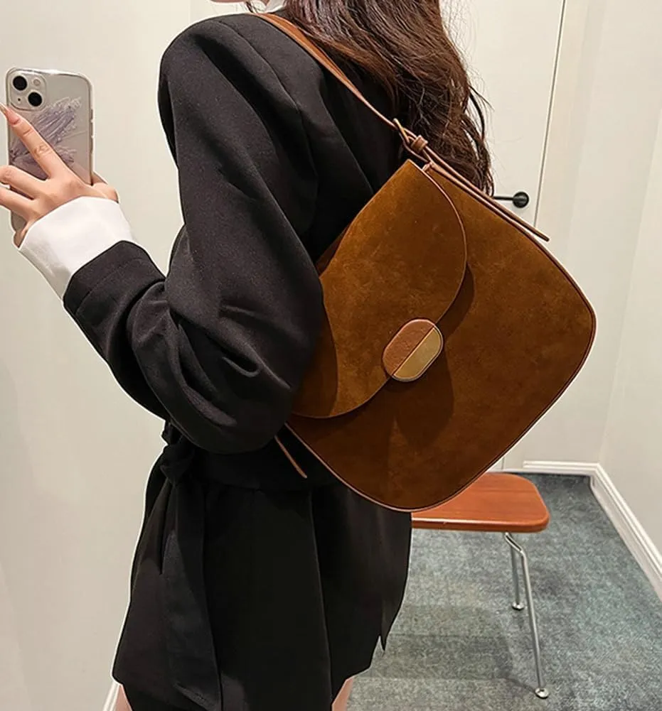 Burgundy Suede Shoulder Bags For Women Brown Suede Small Trendy Wine Crossbody Bag Saddle Suede Satchel Bag