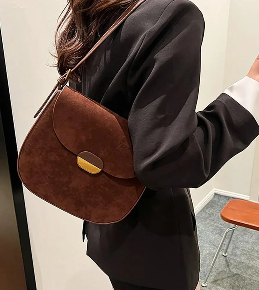 Burgundy Suede Shoulder Bags For Women Brown Suede Small Trendy Wine Crossbody Bag Saddle Suede Satchel Bag
