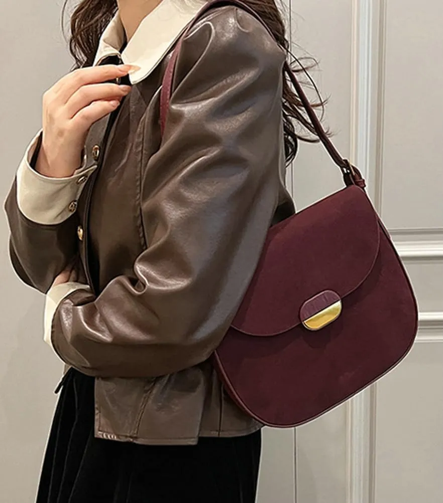 Burgundy Suede Shoulder Bags For Women Brown Suede Small Trendy Wine Crossbody Bag Saddle Suede Satchel Bag