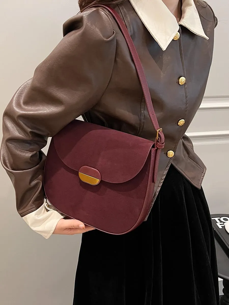 Burgundy Suede Shoulder Bags For Women Brown Suede Small Trendy Wine Crossbody Bag Saddle Suede Satchel Bag