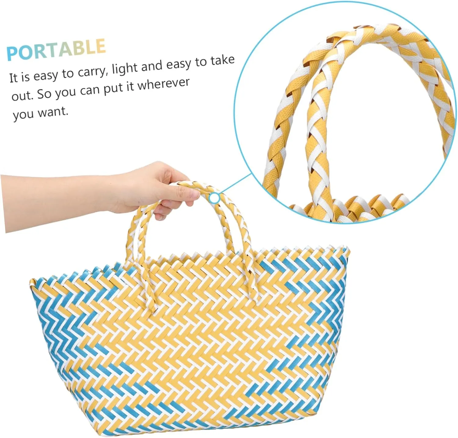 Cabilock Weave Organizer Basket Reusable Grocery Shopping Bag Woven Straw Bag with Handle, Portable Shopping Basket Market Bag Shopping Stands Upright, Sustainable Market Basket