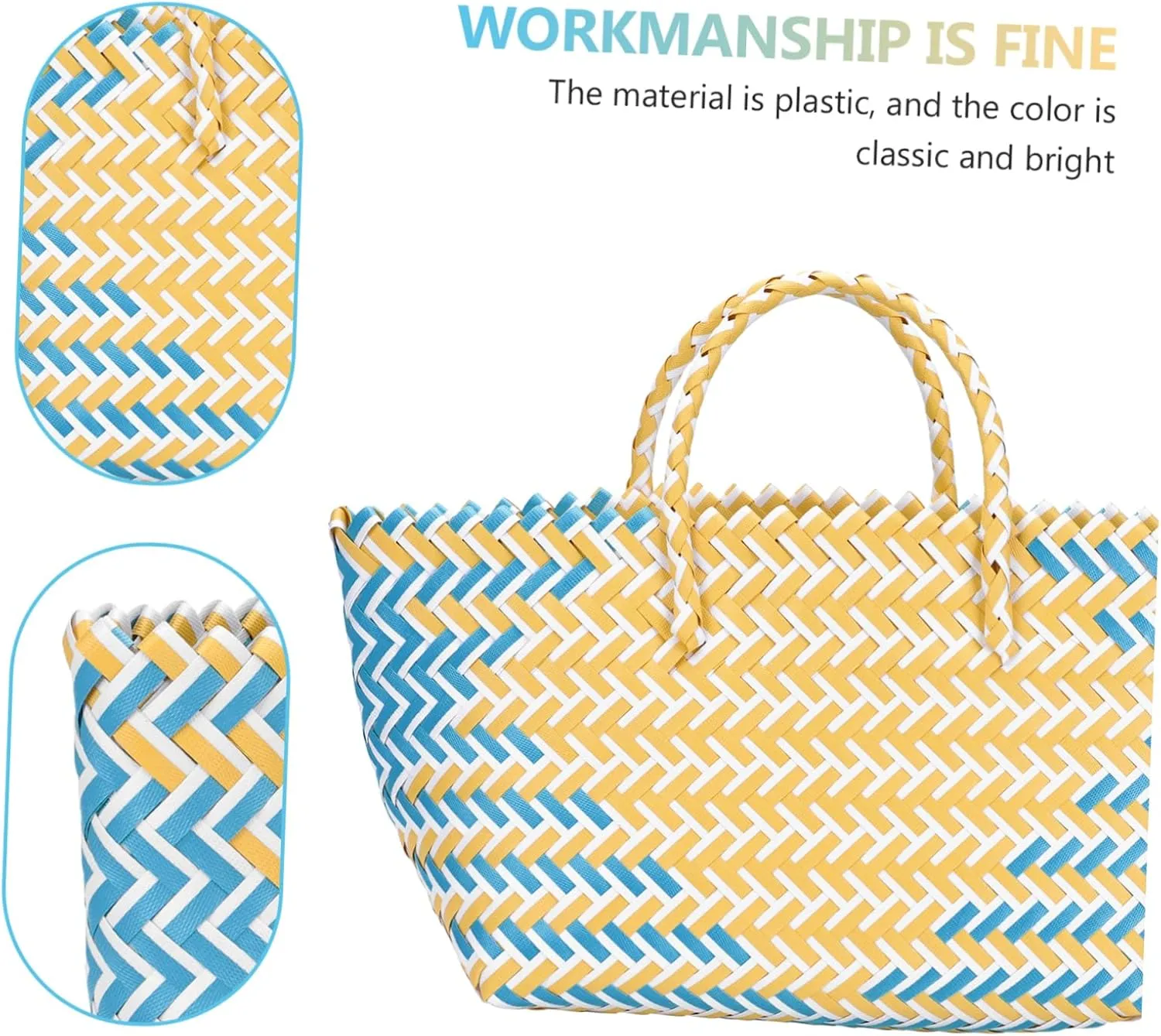 Cabilock Weave Organizer Basket Reusable Grocery Shopping Bag Woven Straw Bag with Handle, Portable Shopping Basket Market Bag Shopping Stands Upright, Sustainable Market Basket