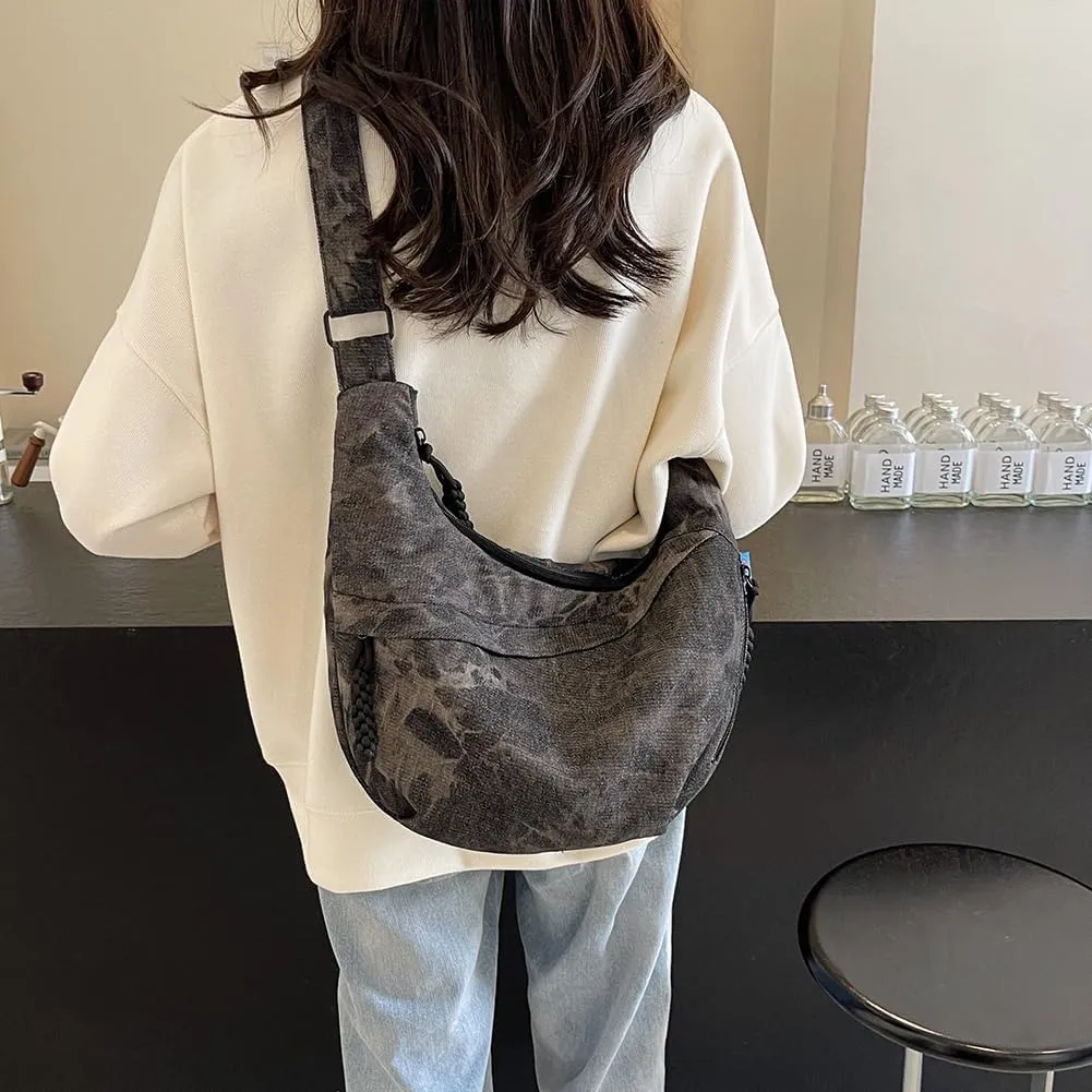 Canvas Crescent Crossbody Bag for Women Men Canvas Dumpling Bag Multi-pockets Crescent Lightweight Small Hobo Bag