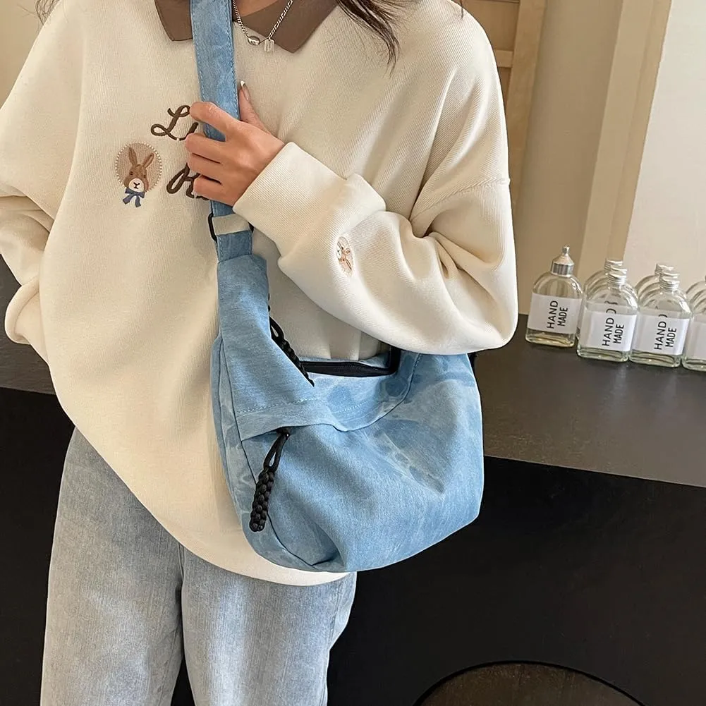 Canvas Crescent Crossbody Bag for Women Men Canvas Dumpling Bag Multi-pockets Crescent Lightweight Small Hobo Bag