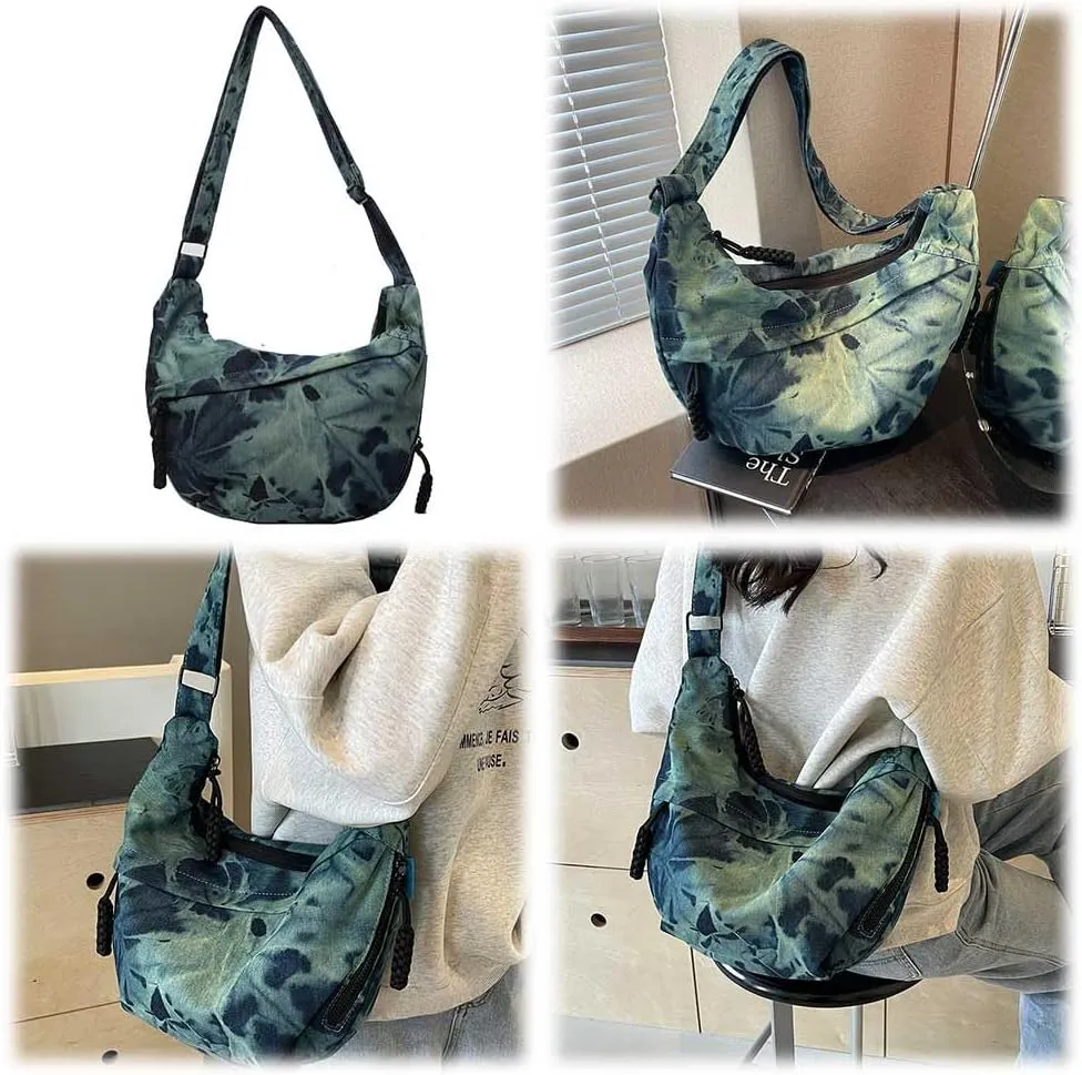 Canvas Crescent Crossbody Bag for Women Men Canvas Dumpling Bag Multi-pockets Crescent Lightweight Small Hobo Bag