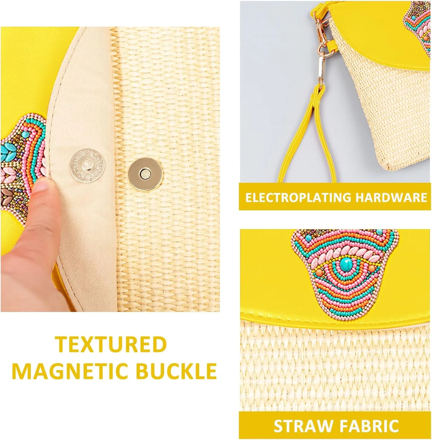 Clutch Purses for Women, Bohemian Handmade Straw Bag, Flip-up leather Crossbody Bags, Woven Envelope Package