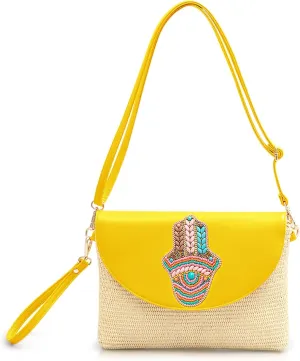 Clutch Purses for Women, Bohemian Handmade Straw Bag, Flip-up leather Crossbody Bags, Woven Envelope Package