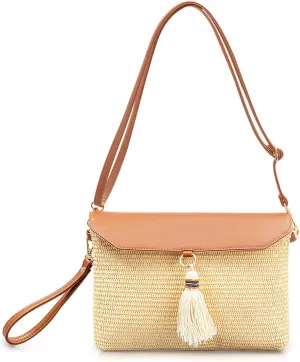 Clutch Purses for Women, Bohemian Handmade Straw Bag, Flip-up leather Crossbody Bags, Woven Tassels Envelope Package Includes Adjustable Long Shoulder Strap and Wrist Strap (Beige)