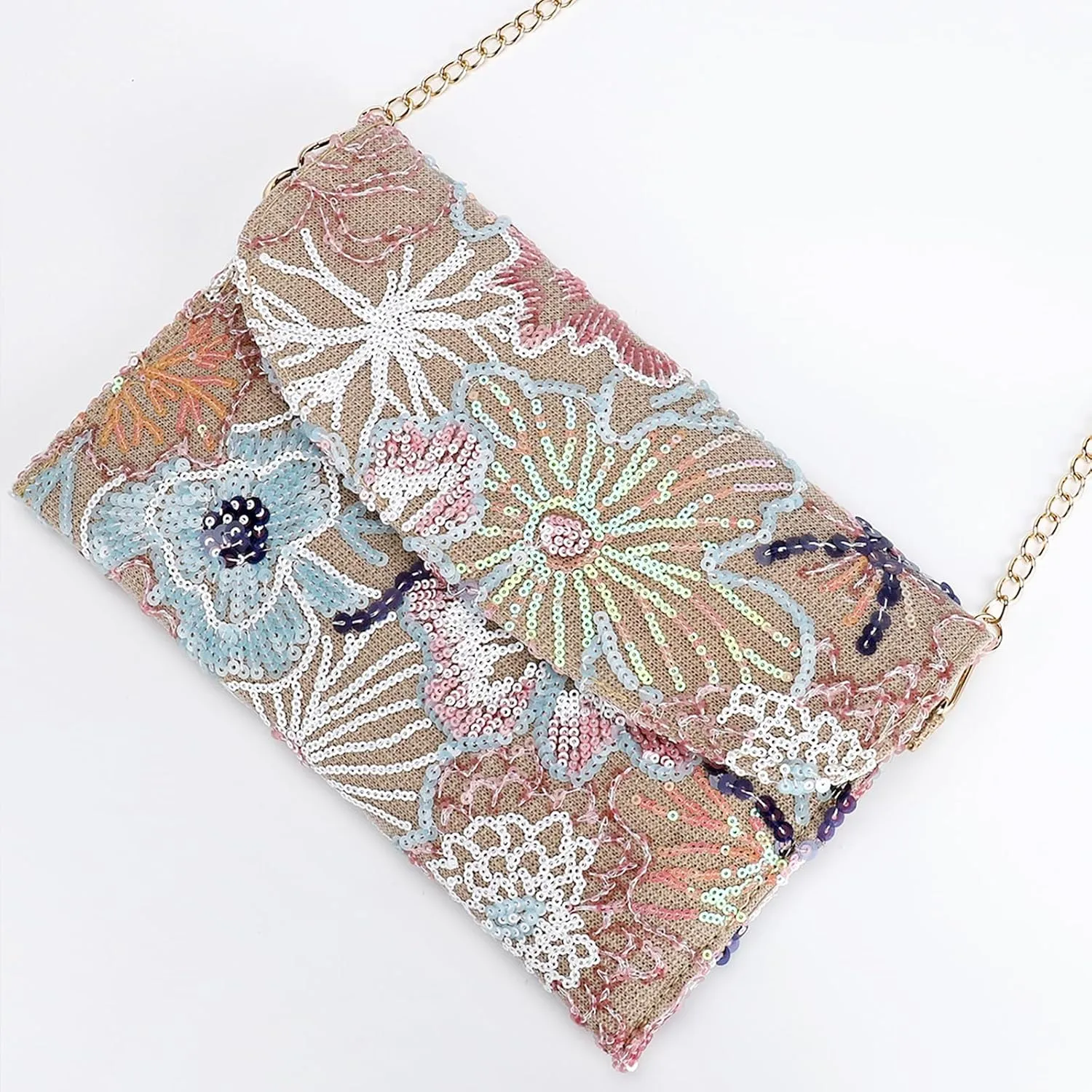 Clutch Purses for Women, Envelope Package, Sequin Embroidered Flowers Straw Bag, Bohemian Handmade Handbags