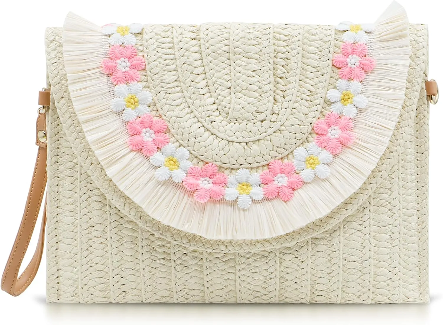 Clutch Purses for Women, Pink Floral Border and tassels Straw Beach Bag, Bohemian Handmade Woven Purse, Handbags for Vacation, Travel