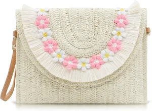 Clutch Purses for Women, Pink Floral Border and tassels Straw Beach Bag, Bohemian Handmade Woven Purse, Handbags for Vacation, Travel