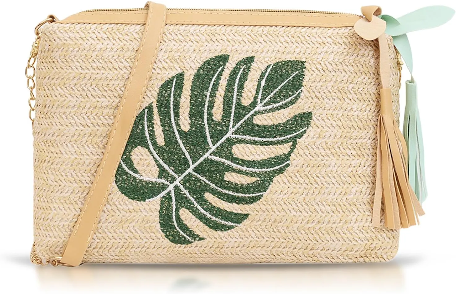 Clutch Purses for Women, Straw Bag, Bohemian Handmade Stitched Leather Envelope Package, Crossbody Bag for Beach Vacation, Travel, Daily Matching(Green Leaf)