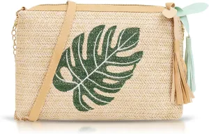 Clutch Purses for Women, Straw Bag, Bohemian Handmade Stitched Leather Envelope Package, Crossbody Bag for Beach Vacation, Travel, Daily Matching(Green Leaf)