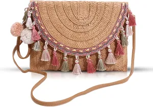 Clutch Purses for Women, Straw Bag, Bohemian Tassels Envelope Package, Crossbody Bags for Vacation, Travel, Daily Matching(Khaki)