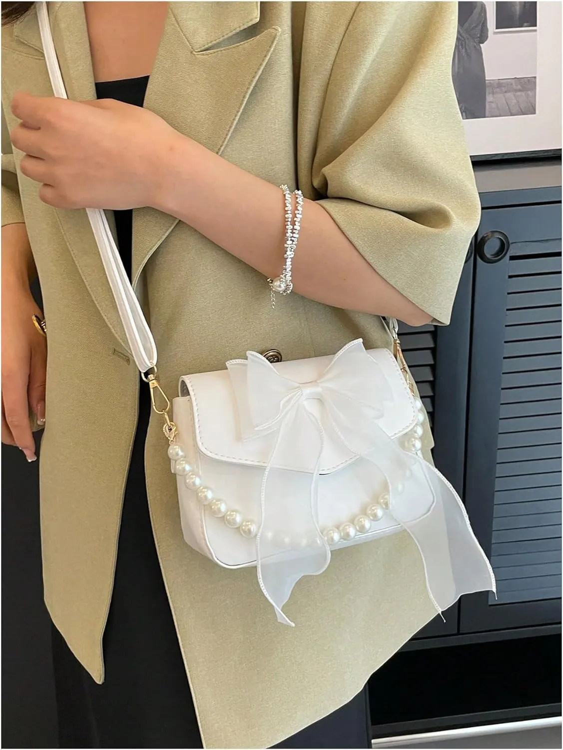 COZYEASE Women's Bowknot Beaded Flap Square Bag Adjustable Strap Crossbody Shoulder Bags Small Purse