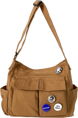 Cute Messenger Bag, Canvas Crossbody Bags for Women Kawaii Messenger Bags Purses with Cute Badge, One Color, One Size