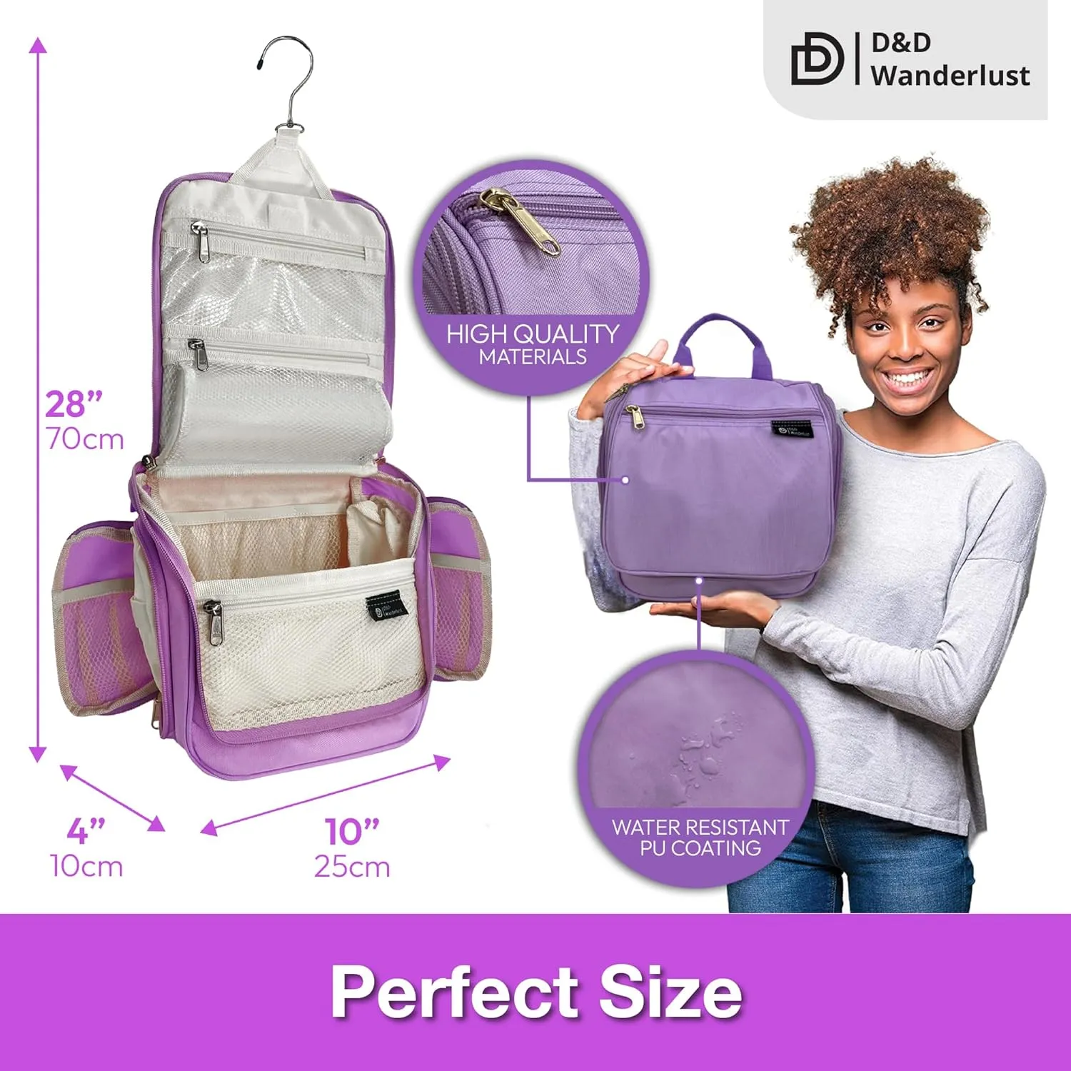 D&D Hanging Travel Toiletry Bag for Men and Women  Large Cosmetics, Makeup and Toiletries Organizer Kit with 10 Compartments, YKK Zippers, XXL Metal Swivel Hook, Water-Resistant Nylon