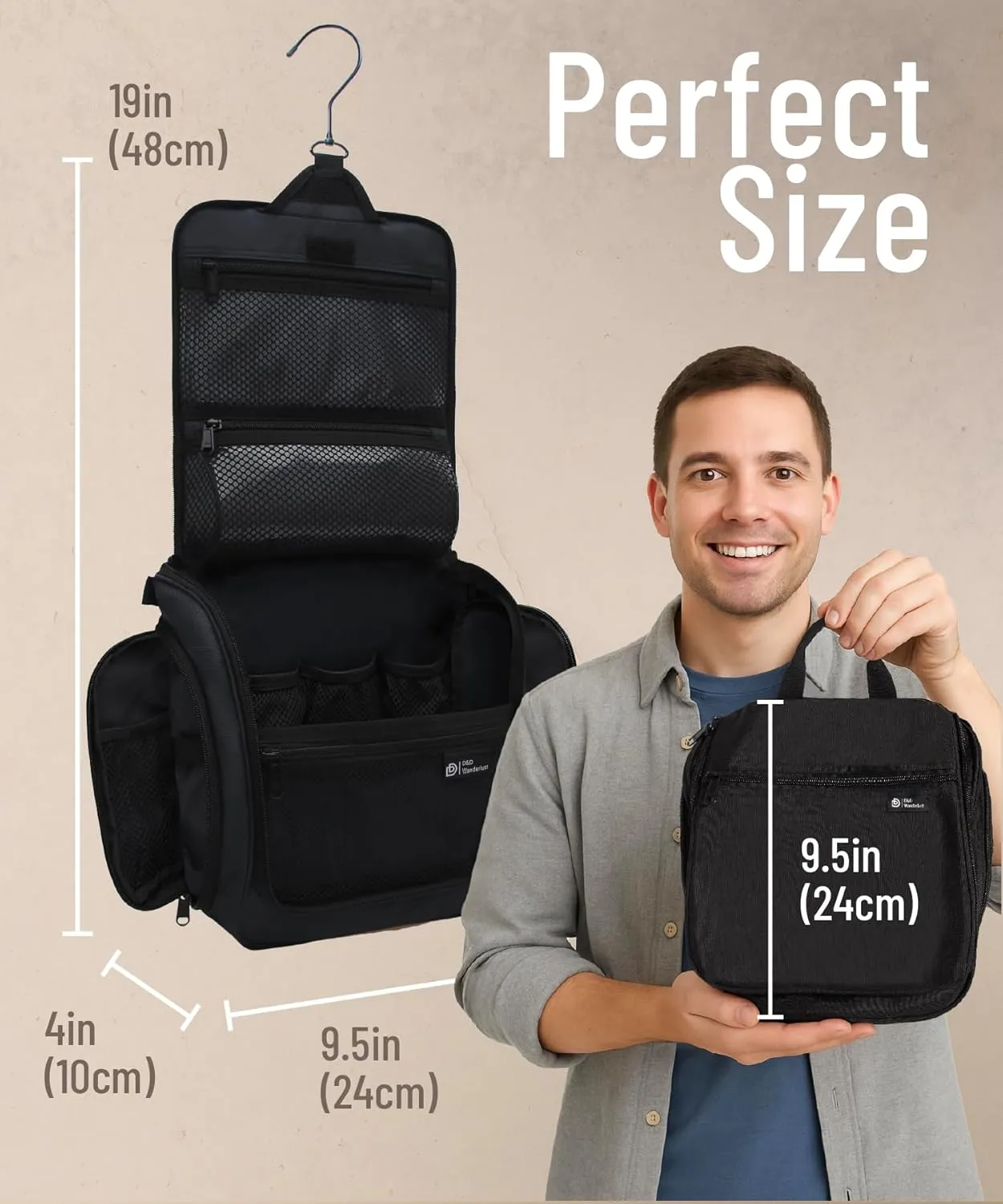 D&D Hanging Travel Toiletry Bag for Men and Women  Large Cosmetics, Makeup and Toiletries Organizer Kit with 10 Compartments, YKK Zippers, XXL Metal Swivel Hook, Water-Resistant Nylon