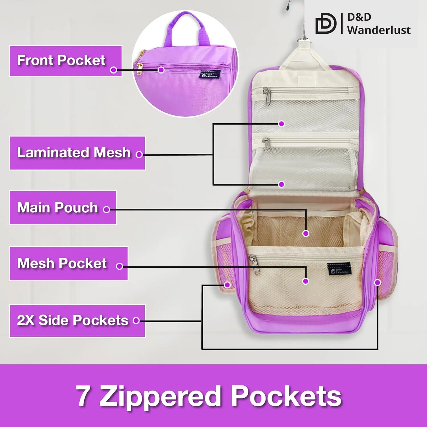 D&D Hanging Travel Toiletry Bag for Men and Women  Large Cosmetics, Makeup and Toiletries Organizer Kit with 10 Compartments, YKK Zippers, XXL Metal Swivel Hook, Water-Resistant Nylon