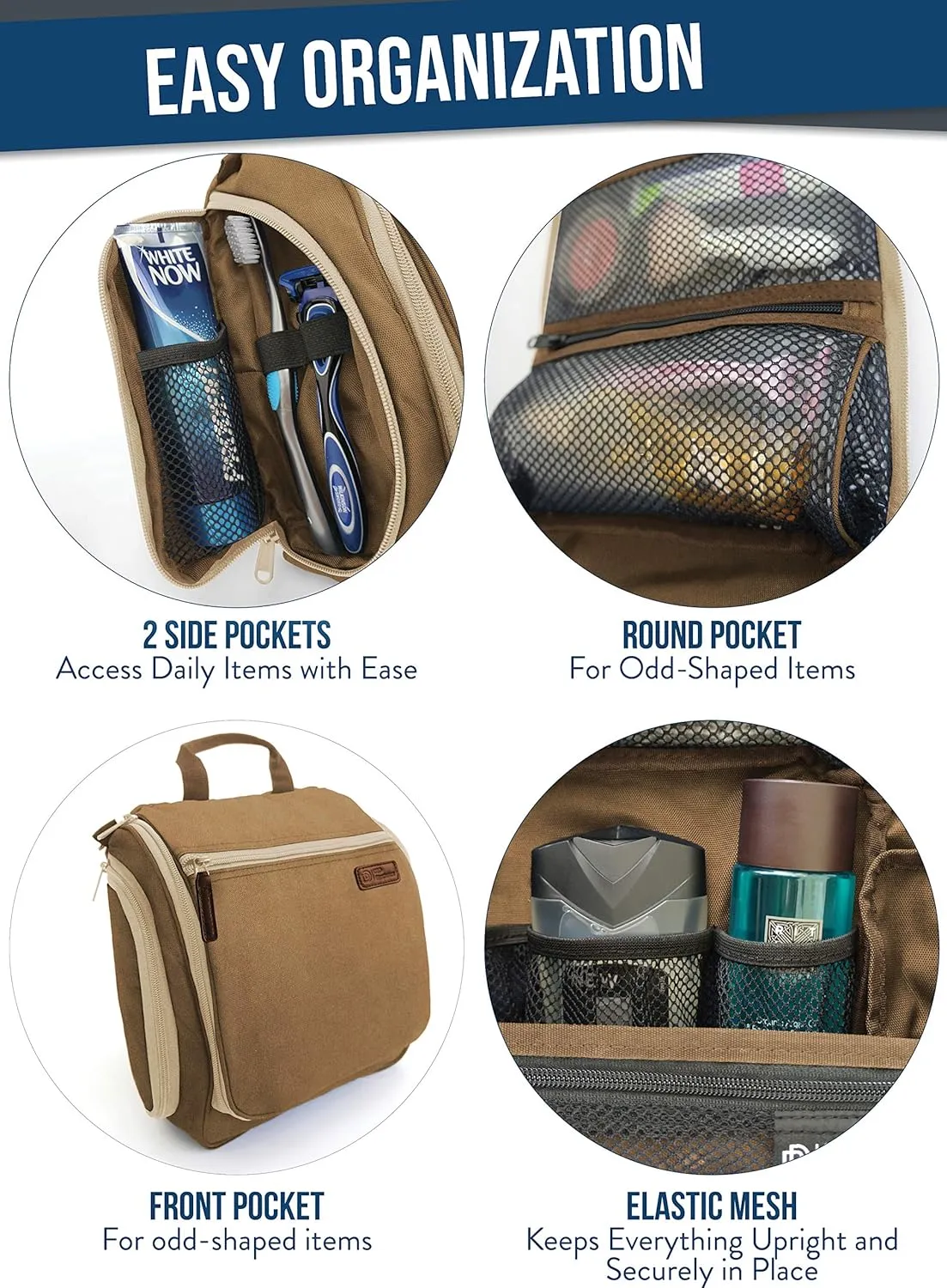 D&D Hanging Travel Toiletry Bag for Men and Women  Large Cosmetics, Makeup and Toiletries Organizer Kit with 10 Compartments, YKK Zippers, XXL Metal Swivel Hook, Water-Resistant Nylon