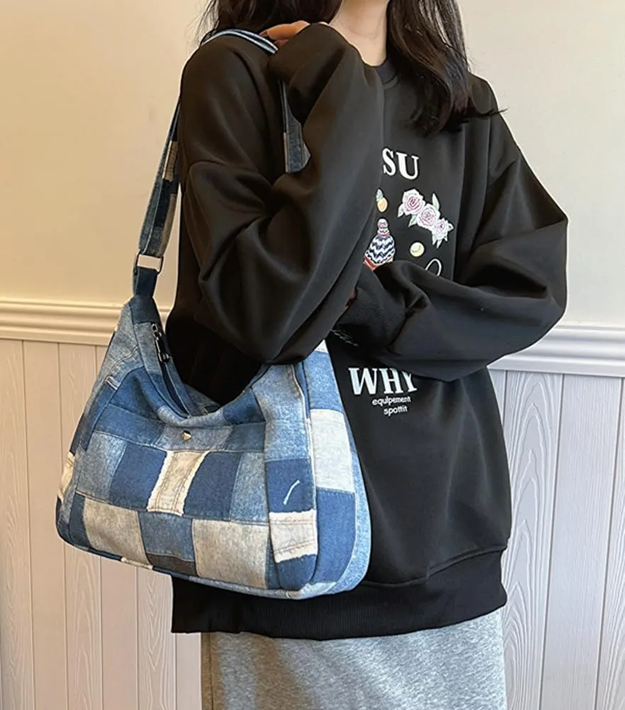 Demin Canvas Hobo Bags for Women Large Shoulder Handbags Work Crossbody Messenger Bag Travel Purse