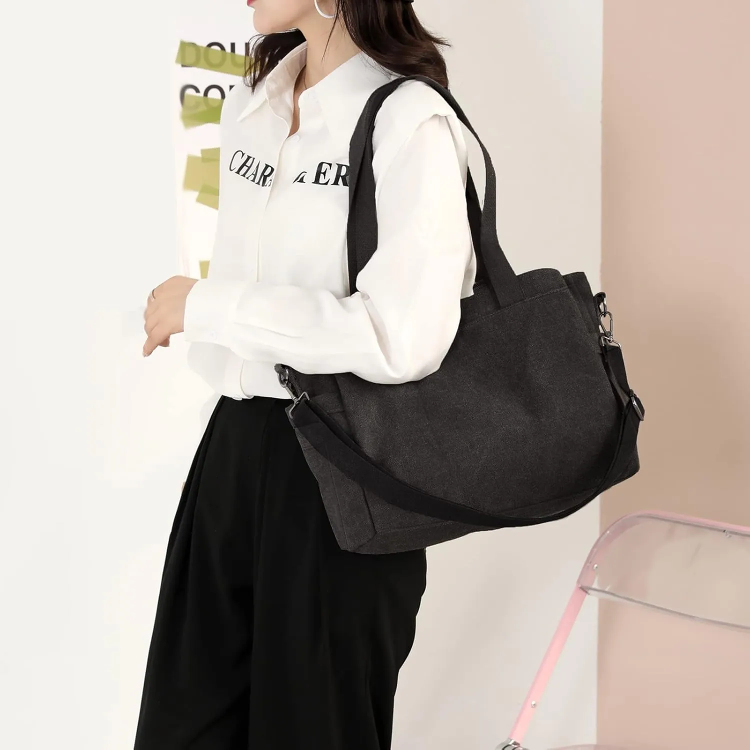 DOURR Hobo Handbags Canvas Crossbody Bags for Women, Multi Compartment Large Tote Purse for Work Travel