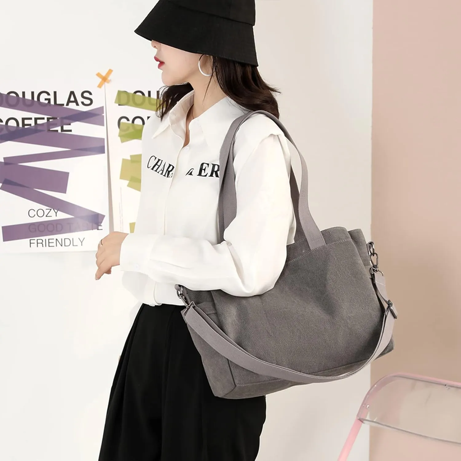 DOURR Hobo Handbags Canvas Crossbody Bags for Women, Multi Compartment Large Tote Purse for Work Travel