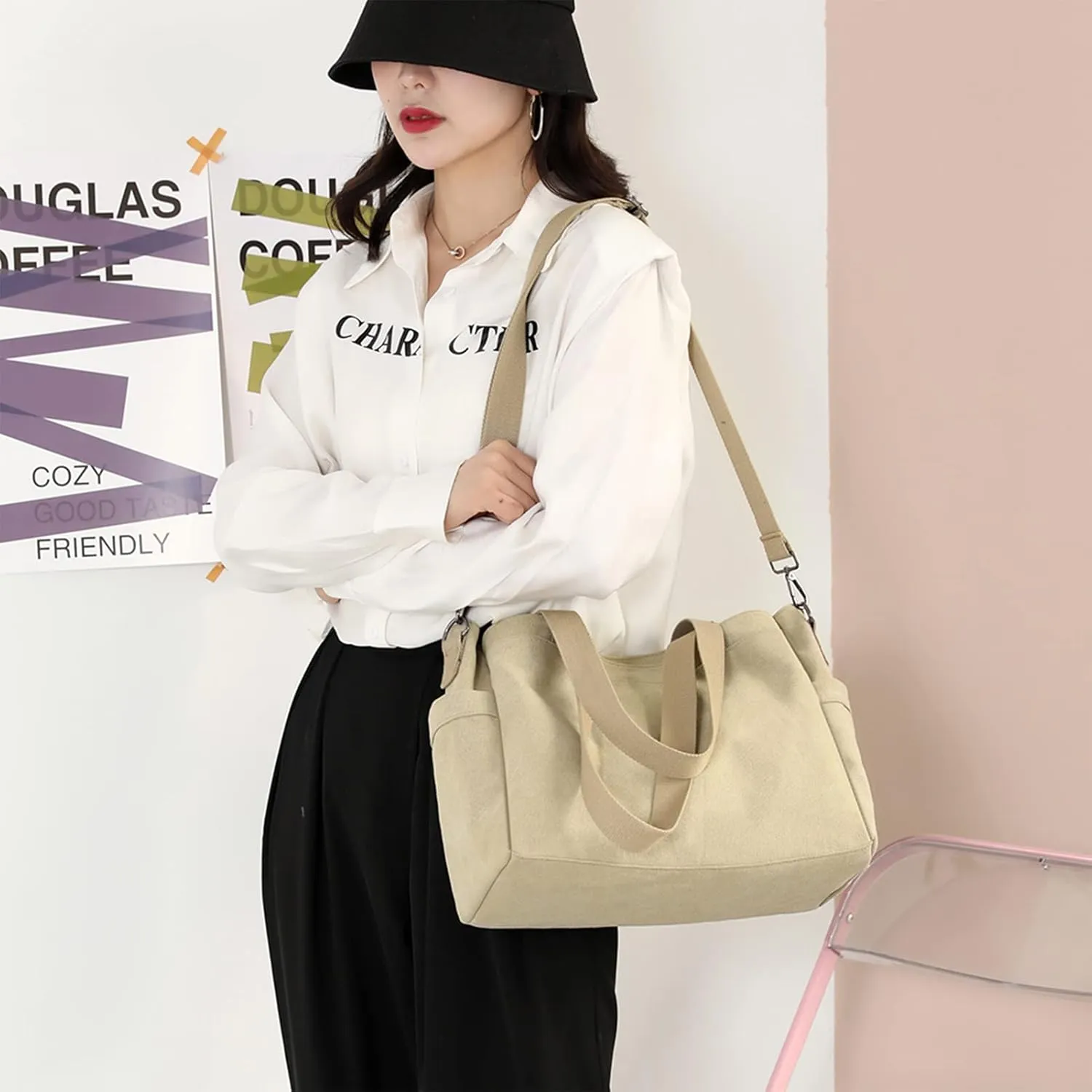 DOURR Hobo Handbags Canvas Crossbody Bags for Women, Multi Compartment Large Tote Purse for Work Travel