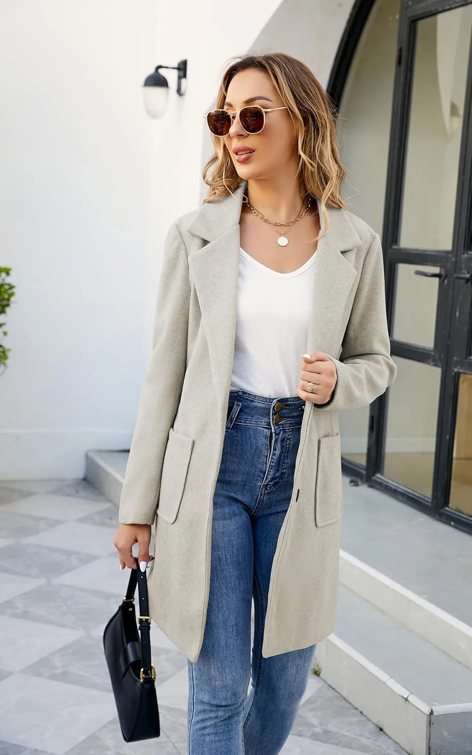 ECOWISH Women Coat Trench Jacket - Winter Long Sleeve Peacoat Fall Mid-Length Lapel Cardigan Overcoat with Pockets