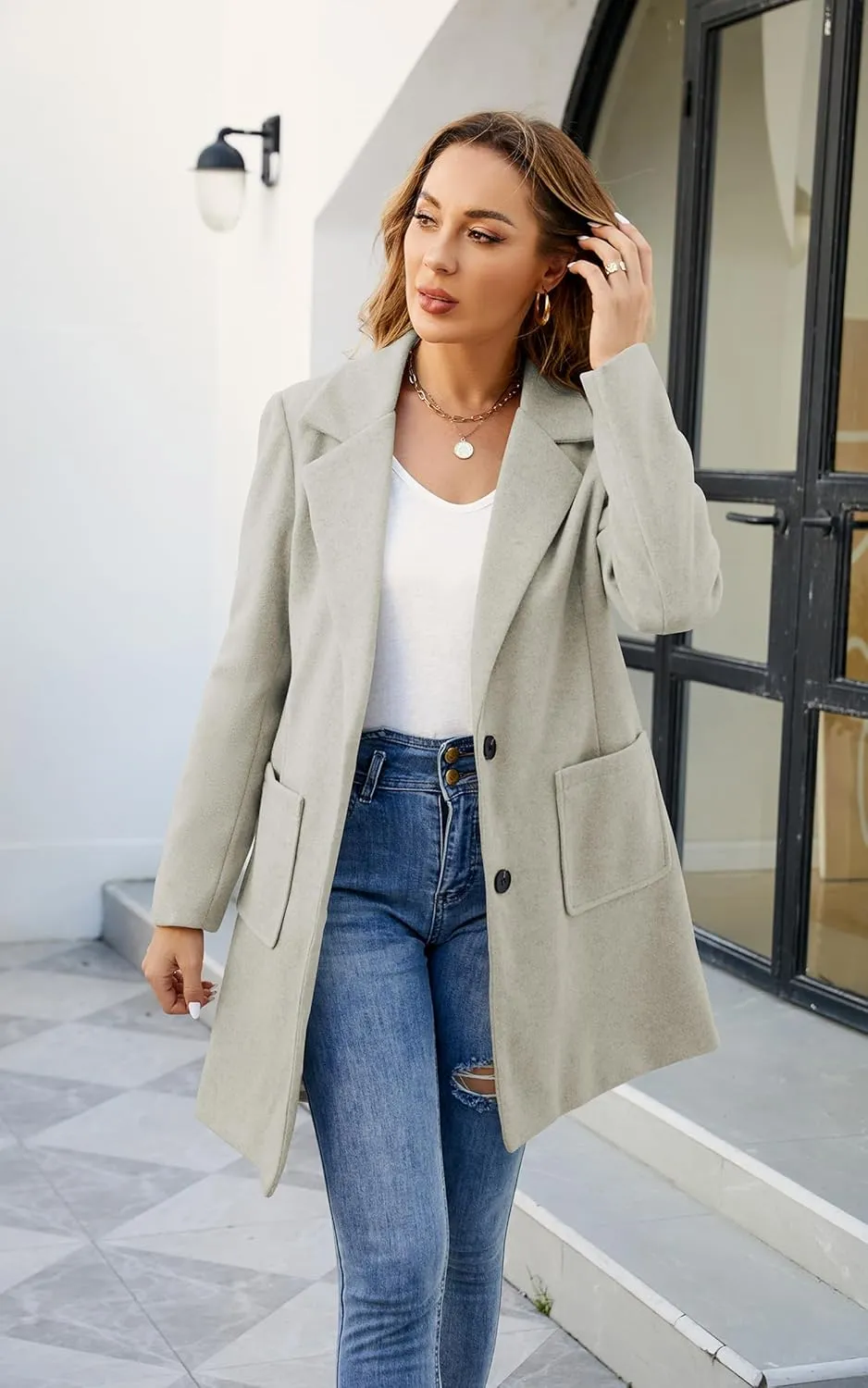 ECOWISH Women Coat Trench Jacket - Winter Long Sleeve Peacoat Fall Mid-Length Lapel Cardigan Overcoat with Pockets