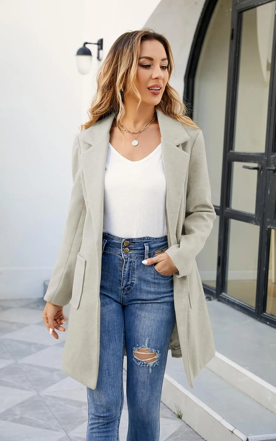 ECOWISH Women Coat Trench Jacket - Winter Long Sleeve Peacoat Fall Mid-Length Lapel Cardigan Overcoat with Pockets