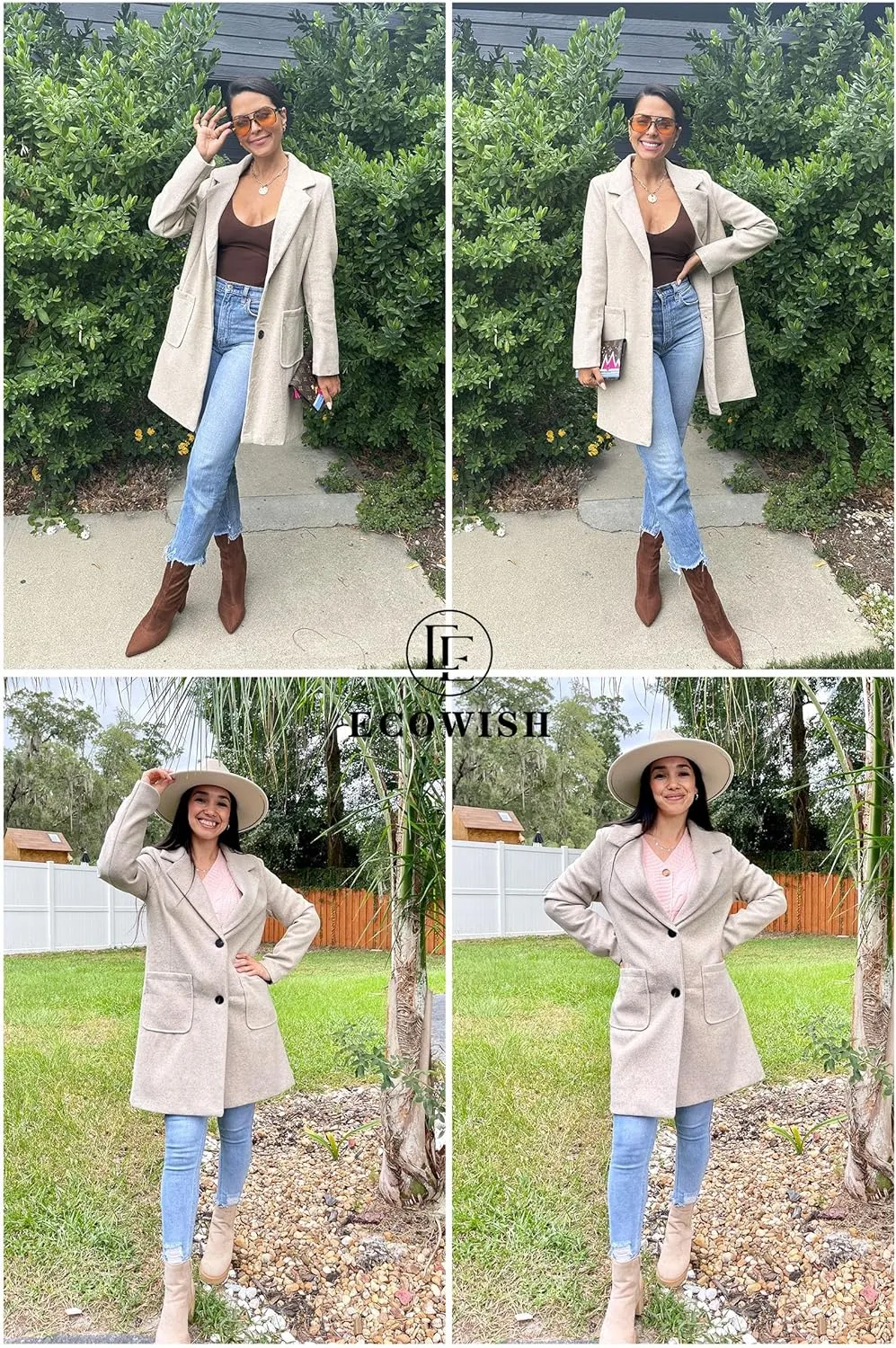 ECOWISH Women Coat Trench Jacket - Winter Long Sleeve Peacoat Fall Mid-Length Lapel Cardigan Overcoat with Pockets