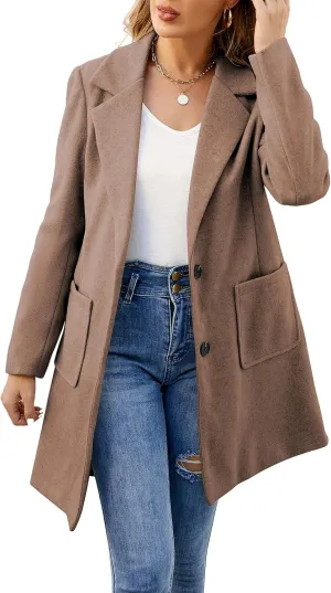 ECOWISH Women Coat Trench Jacket - Winter Long Sleeve Peacoat Fall Mid-Length Lapel Cardigan Overcoat with Pockets
