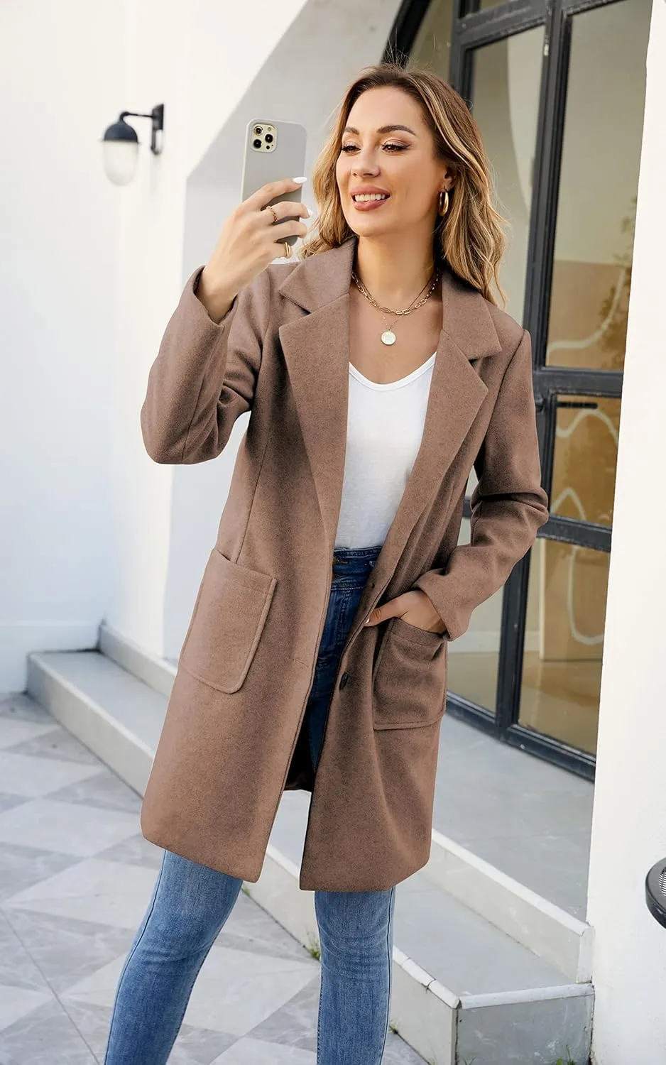 ECOWISH Women Coat Trench Jacket - Winter Long Sleeve Peacoat Fall Mid-Length Lapel Cardigan Overcoat with Pockets