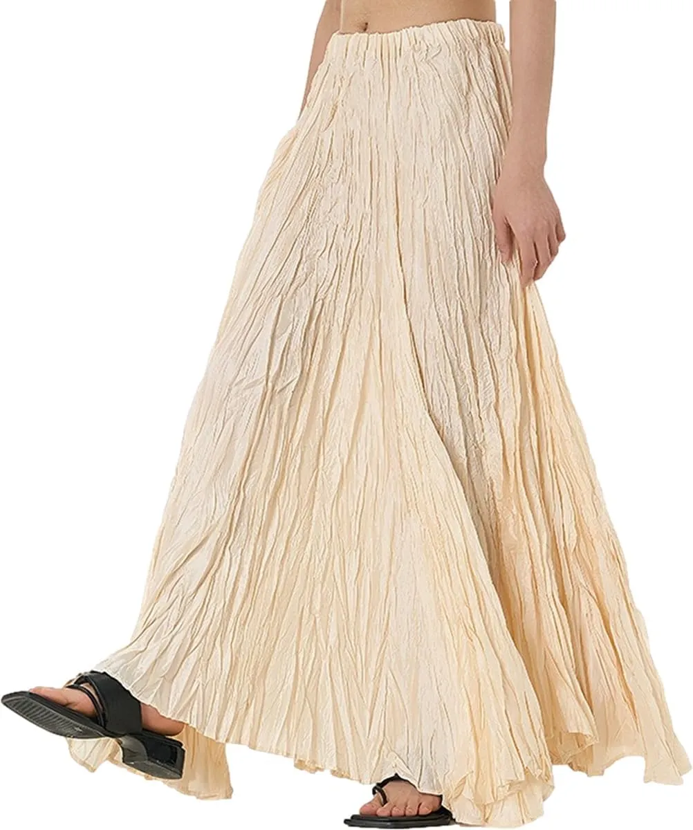 Elegant Drape Crumpled Skirt Loose Skirt Wrinkle Womens Boho Elastic High Waist Flowy Swing Maxi Long Skirt