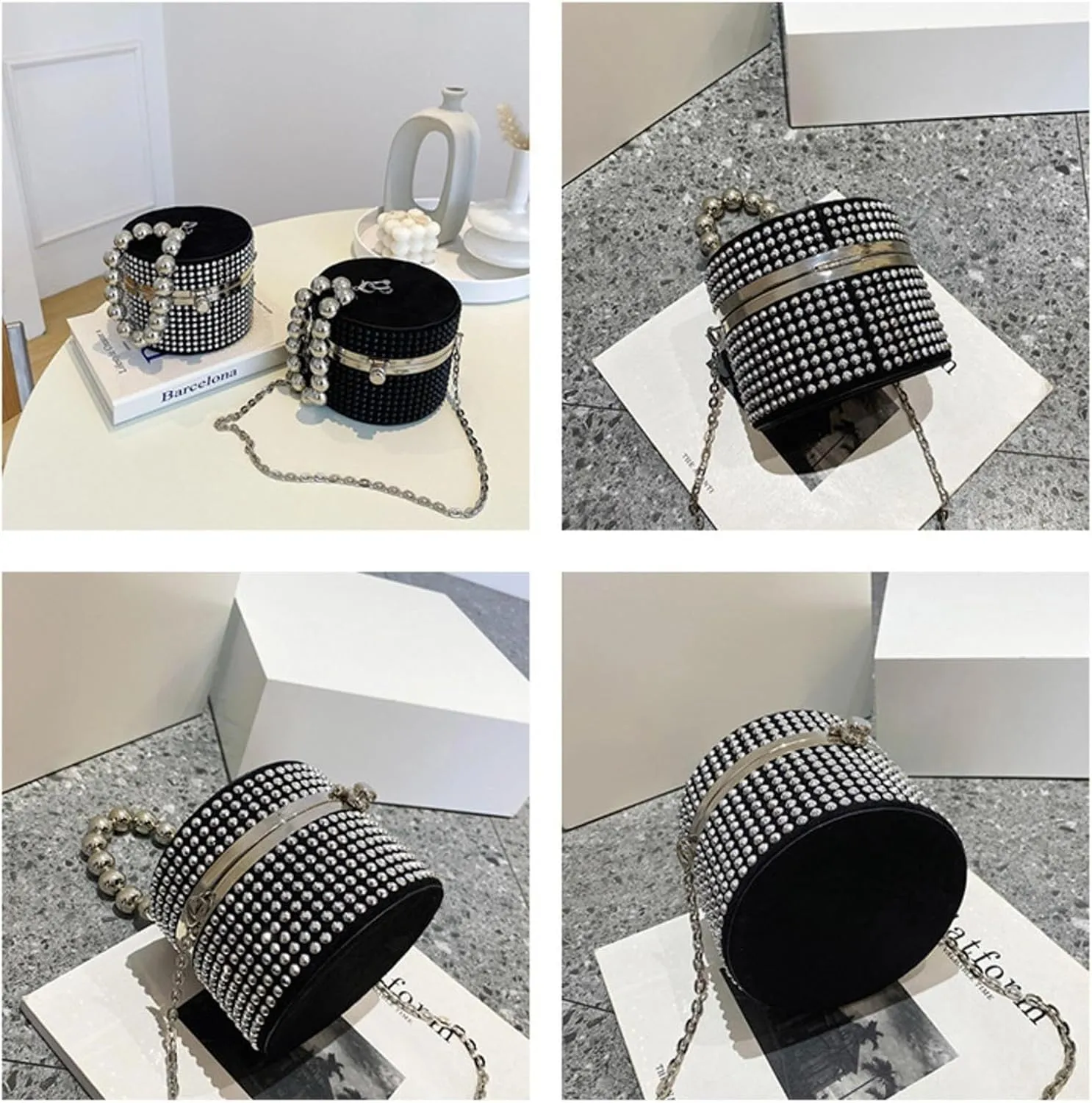 Evening Bag For Women Black Silver Rivet Circular Clutch Bags Women's Messenger Bag Fashion Diamond Shoulder Bag
