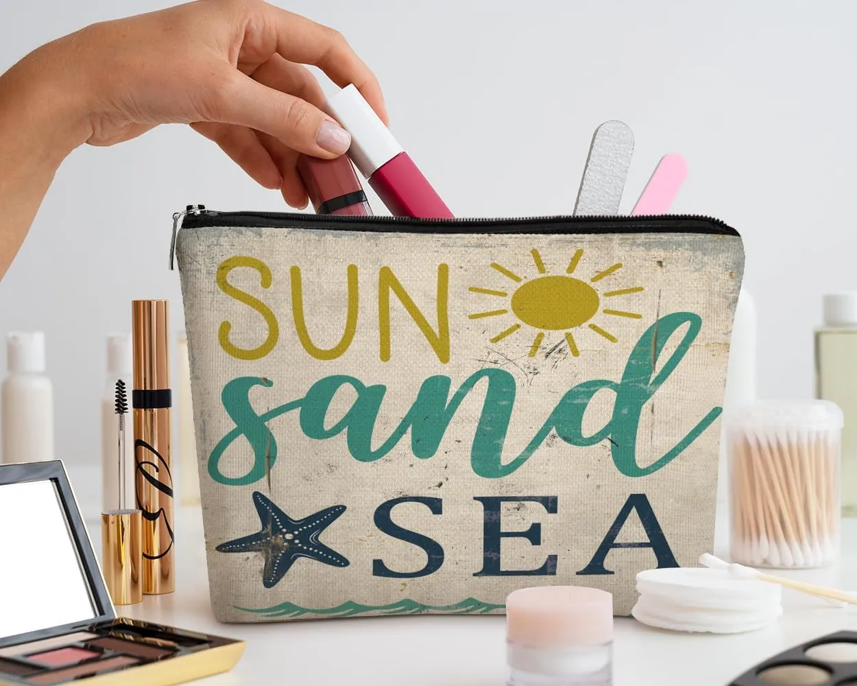 EXUQO Retro Makeup Bag,Beach Sun Sand Sea Small Cosmetic Bag for Women,Vintage Starfish Ocean Zipper Pouch Bag for Mother Sister Friend Girlfriend,Birthday Gift