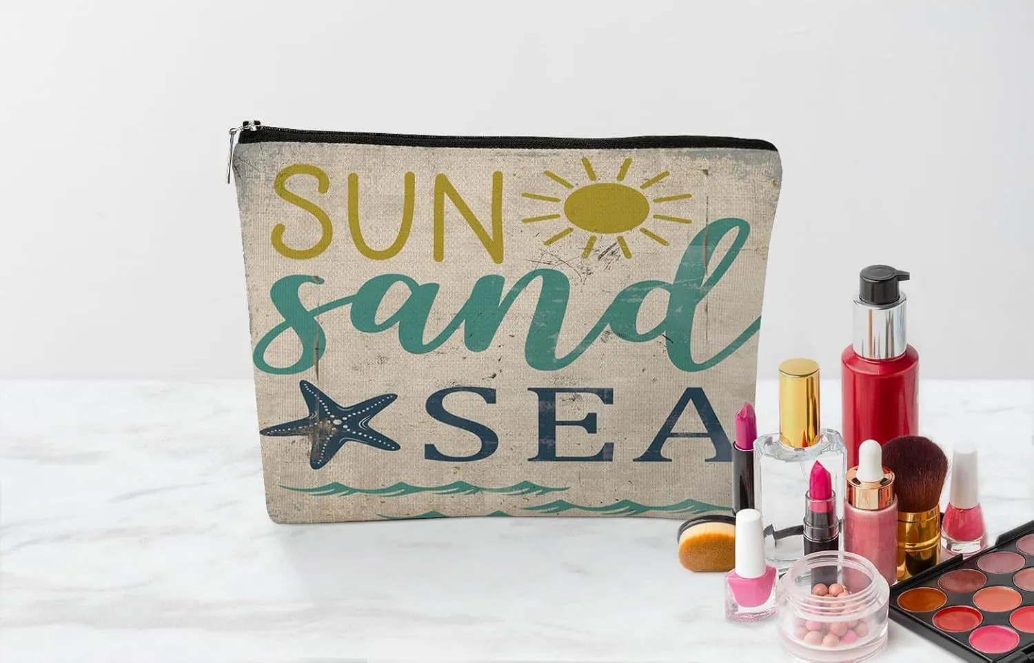 EXUQO Retro Makeup Bag,Beach Sun Sand Sea Small Cosmetic Bag for Women,Vintage Starfish Ocean Zipper Pouch Bag for Mother Sister Friend Girlfriend,Birthday Gift