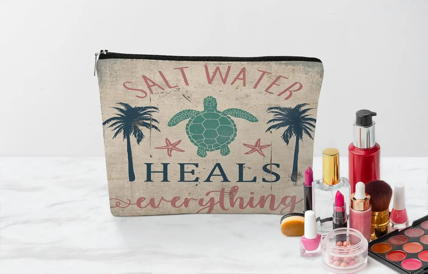 EXUQO Retro Makeup Bag,Beach Vintage Small Cosmetic Bag for Women,Sea Turtle Zipper Pouch Bag for Mother Sister Friend Girlfriend,Birthday Gift