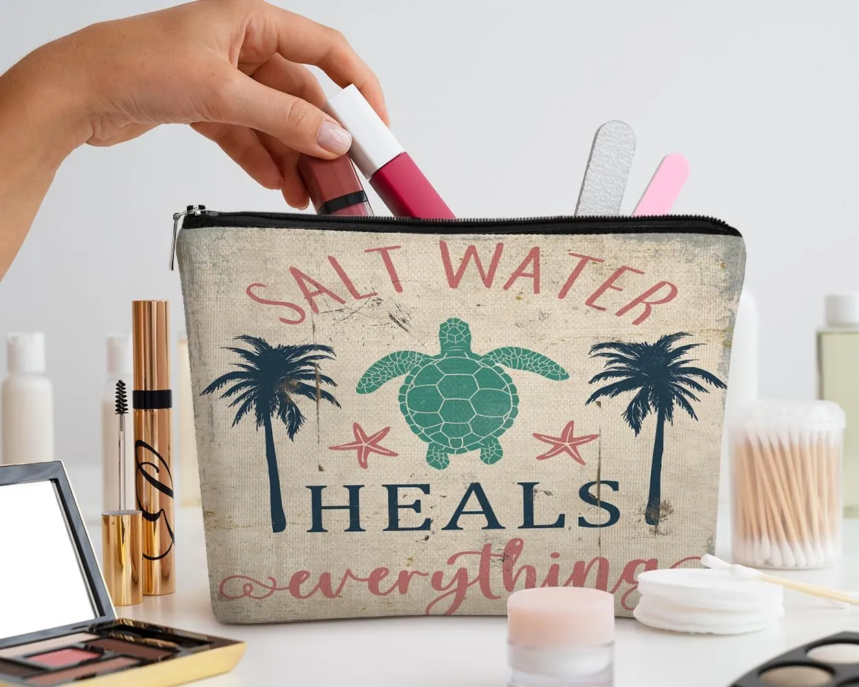 EXUQO Retro Makeup Bag,Beach Vintage Small Cosmetic Bag for Women,Sea Turtle Zipper Pouch Bag for Mother Sister Friend Girlfriend,Birthday Gift
