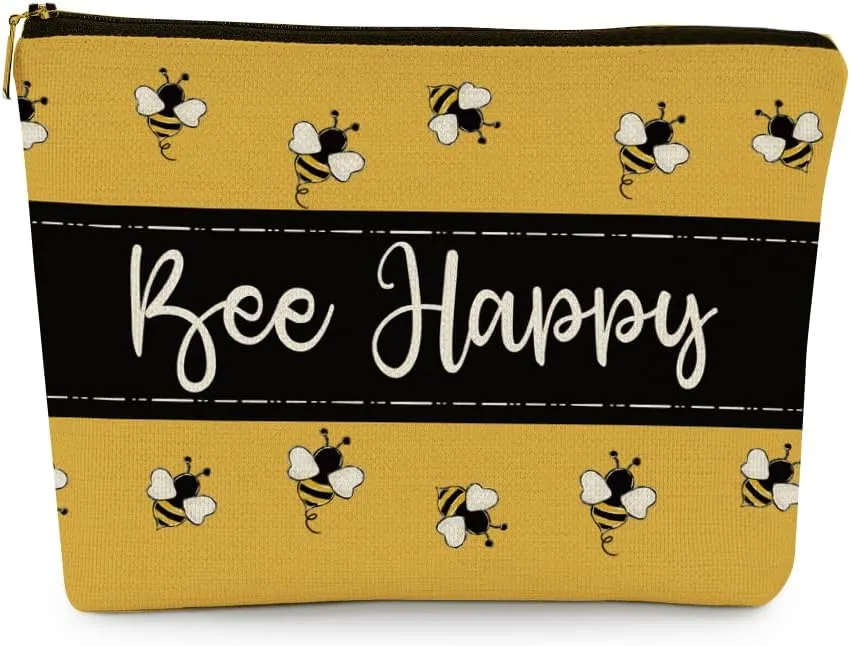 EXUQO Yellow Cute Small Makeup Bag,Bee Happy Honeybee Cosmetic Bag,Gift for Mother Sister Friend,Birthday Gift