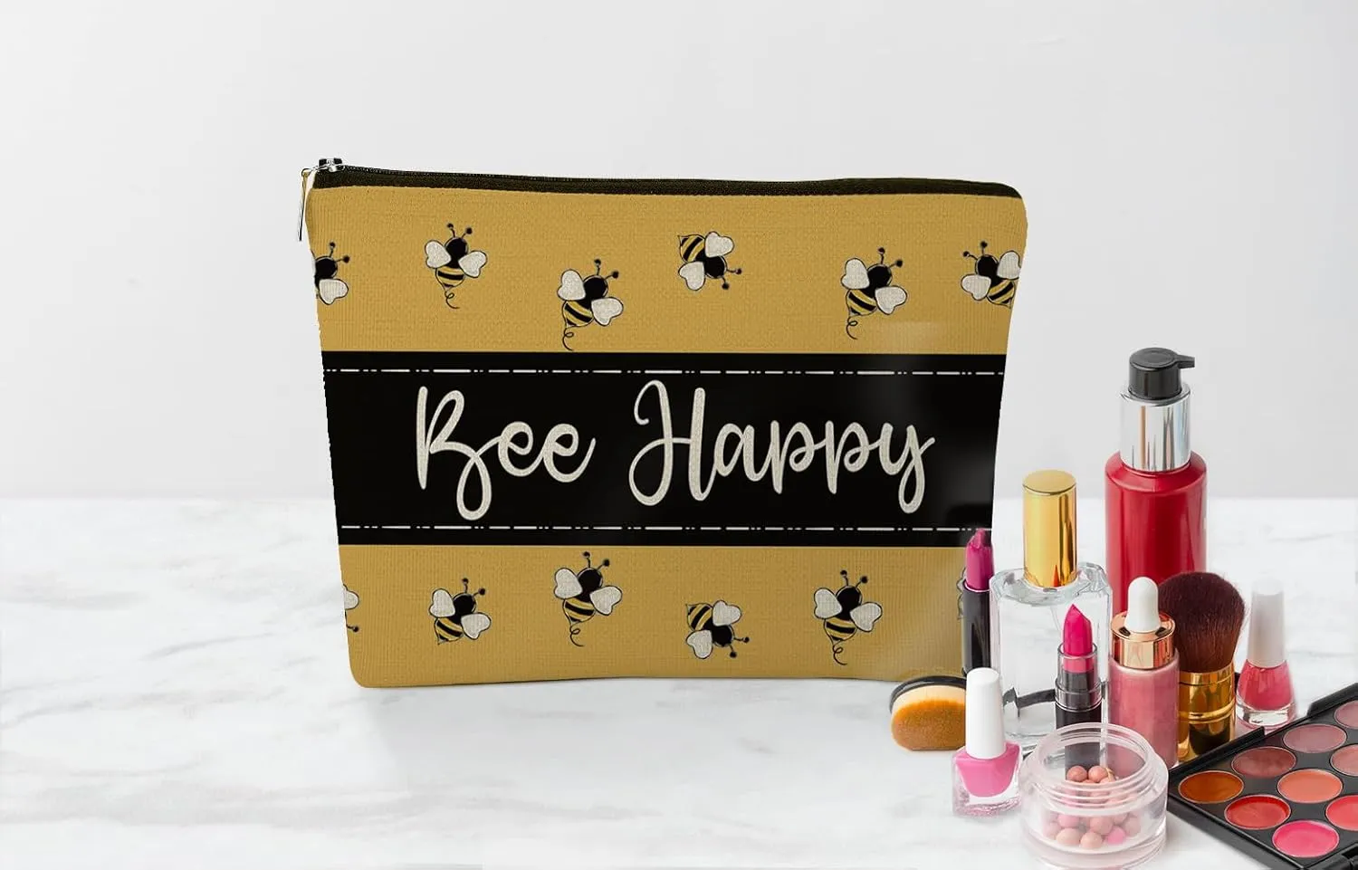 EXUQO Yellow Cute Small Makeup Bag,Bee Happy Honeybee Cosmetic Bag,Gift for Mother Sister Friend,Birthday Gift