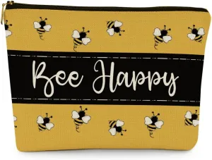 EXUQO Yellow Cute Small Makeup Bag,Bee Happy Honeybee Cosmetic Bag,Gift for Mother Sister Friend,Birthday Gift