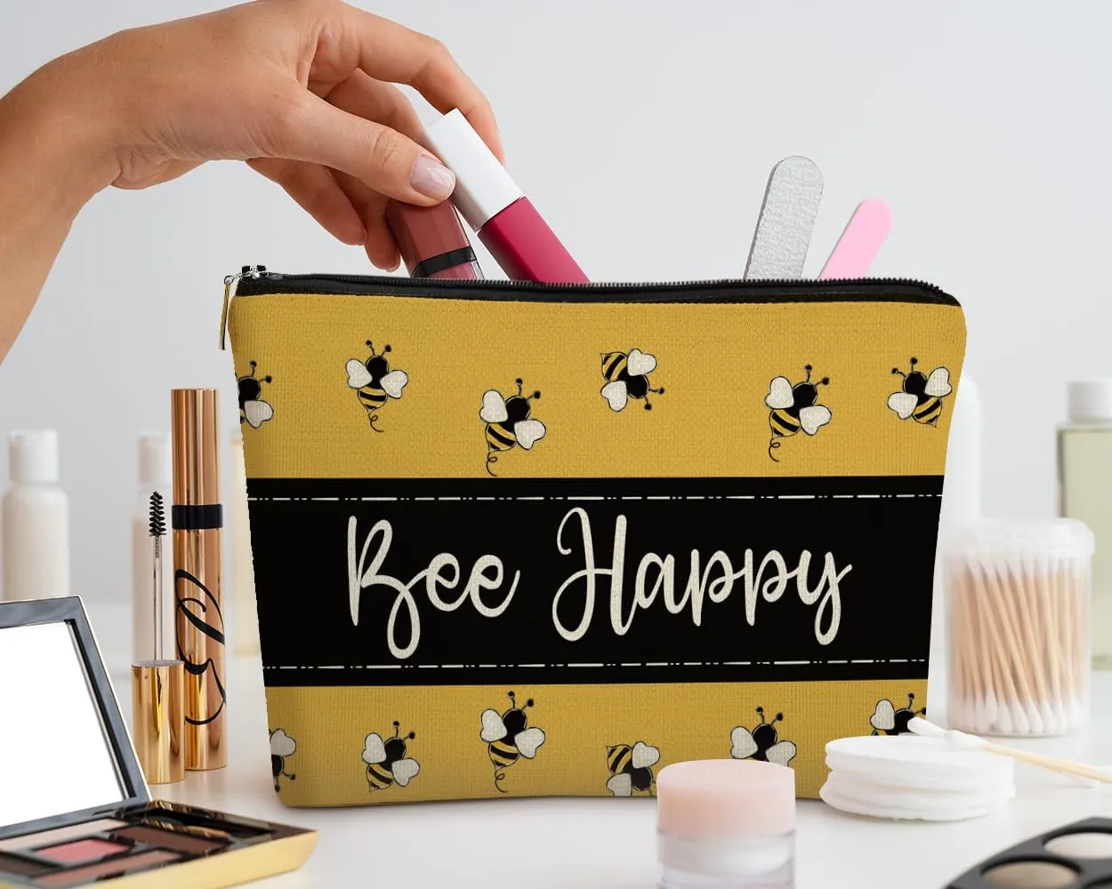EXUQO Yellow Cute Small Makeup Bag,Bee Happy Honeybee Cosmetic Bag,Gift for Mother Sister Friend,Birthday Gift