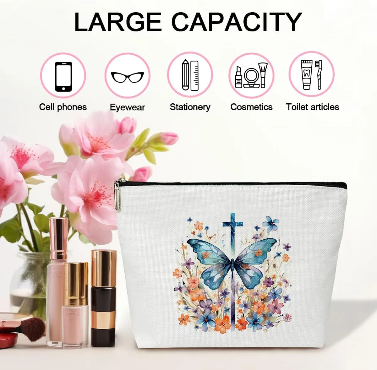 Floral Butterfly Religious Cosmetic Bag Bible Bags for Women Canvas Make up Bag with Zipper for Bible Verse Gifts Travel Toiletry Bag with Lining Faith Based Gifts Butterfly Gifts for Women - M745