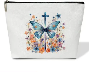 Floral Butterfly Religious Cosmetic Bag Bible Bags for Women Canvas Make up Bag with Zipper for Bible Verse Gifts Travel Toiletry Bag with Lining Faith Based Gifts Butterfly Gifts for Women - M745