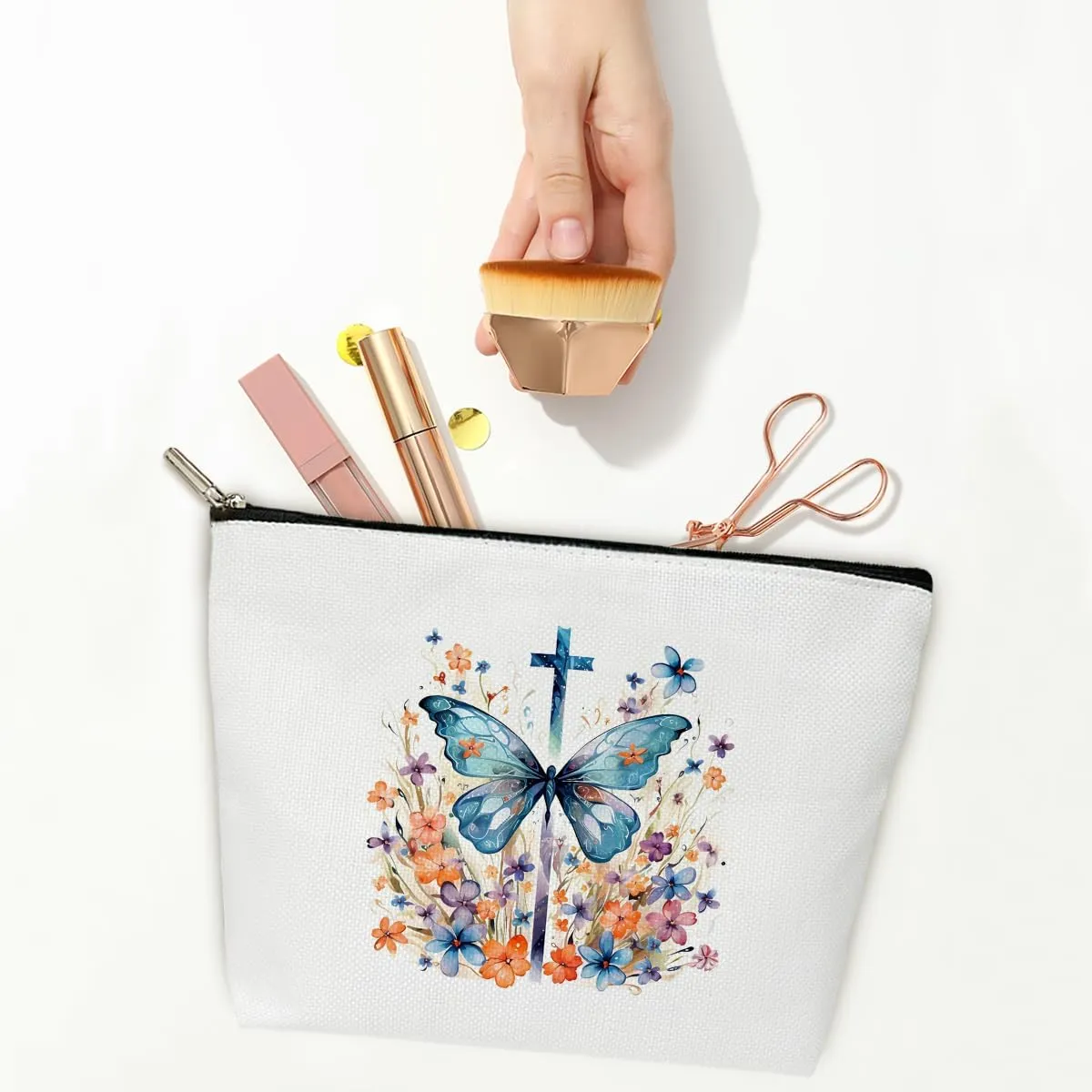 Floral Butterfly Religious Cosmetic Bag Bible Bags for Women Canvas Make up Bag with Zipper for Bible Verse Gifts Travel Toiletry Bag with Lining Faith Based Gifts Butterfly Gifts for Women - M745