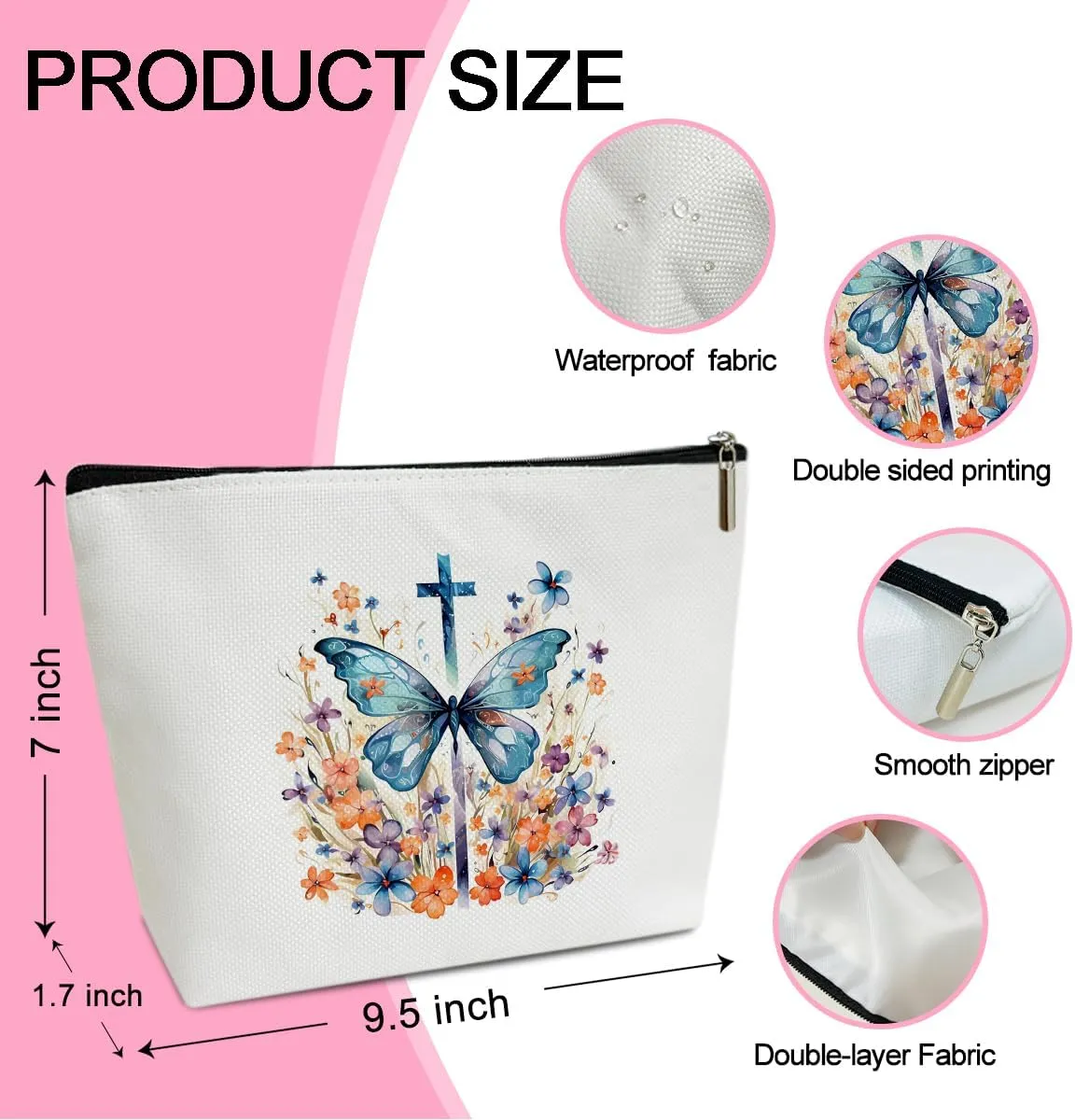 Floral Butterfly Religious Cosmetic Bag Bible Bags for Women Canvas Make up Bag with Zipper for Bible Verse Gifts Travel Toiletry Bag with Lining Faith Based Gifts Butterfly Gifts for Women - M745
